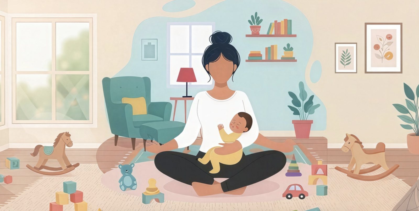 A mom sitting calmly on the living room floor, holding her baby